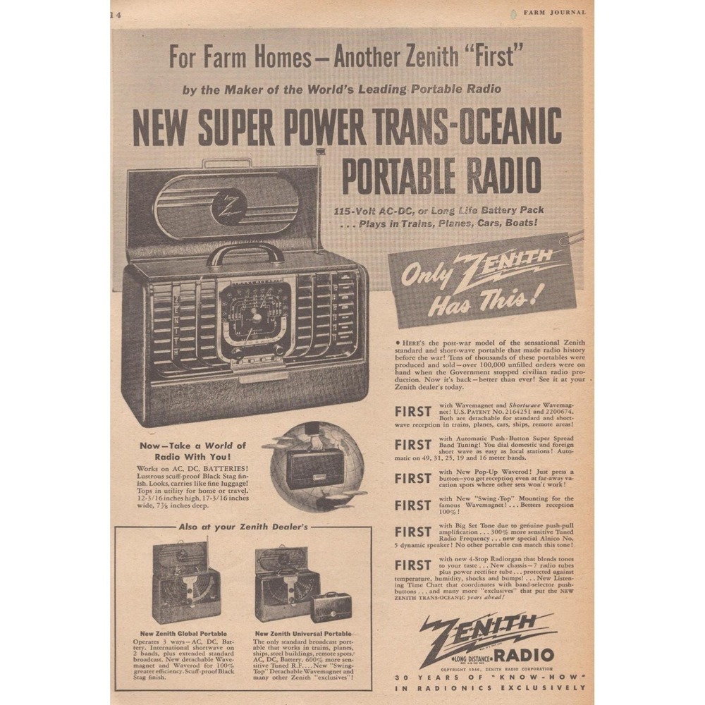 Zenith Trans Oceanic Portable Mid Century Modern Radio Vintage Print Ad 1946